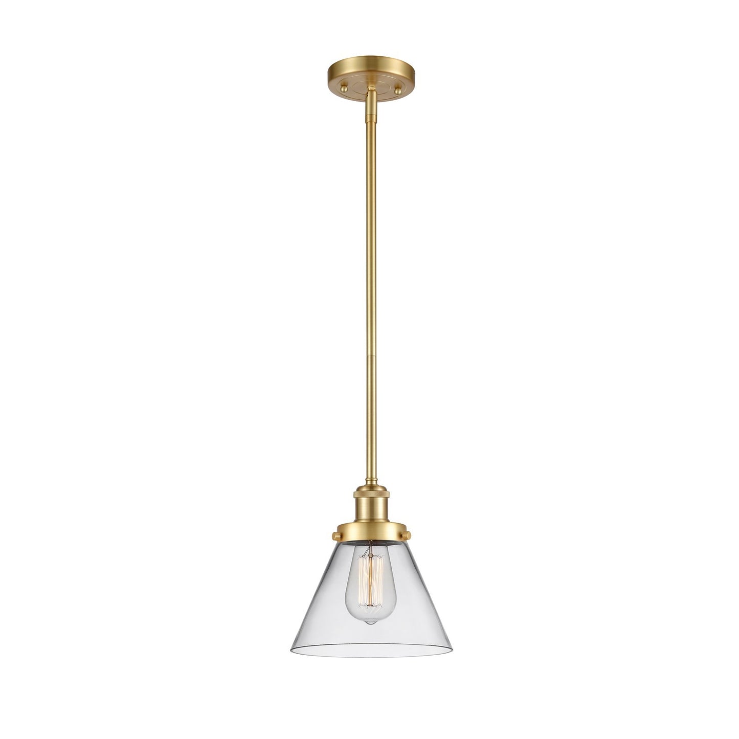 Innovations Cone 8in 1-Light Mini Pendant | Industrial Transitional Satin Gold Steel and Clear Glass | Kitchen Island & Dining Room | Model 916-1S-SG-G42