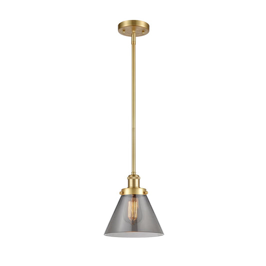 Innovations Cone 8in 1-Light Mini Pendant | Industrial Satin Gold Steel and Light Smoke Glass | Kitchen Island & Dining Room | Model 916-1S-SG-G43