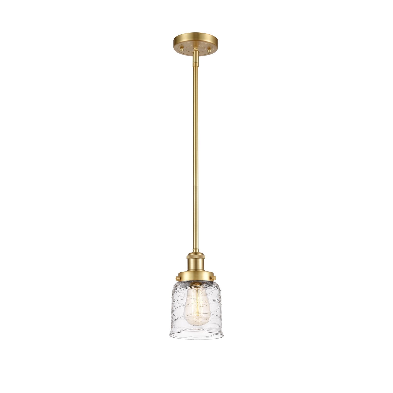 Innovations Bell 5in 1-Light Mini Pendant | Industrial Satin Gold Steel and Clear Deco Swirl Glass | Kitchen Island & Dining Room | Model 916-1S-SG-G513