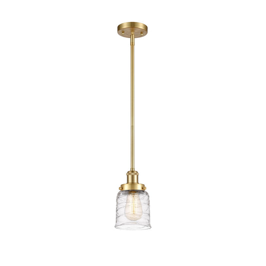 Innovations Bell 5in 1-Light Mini Pendant | Industrial Satin Gold Steel and Clear Deco Swirl Glass | Kitchen Island & Dining Room | Model 916-1S-SG-G513