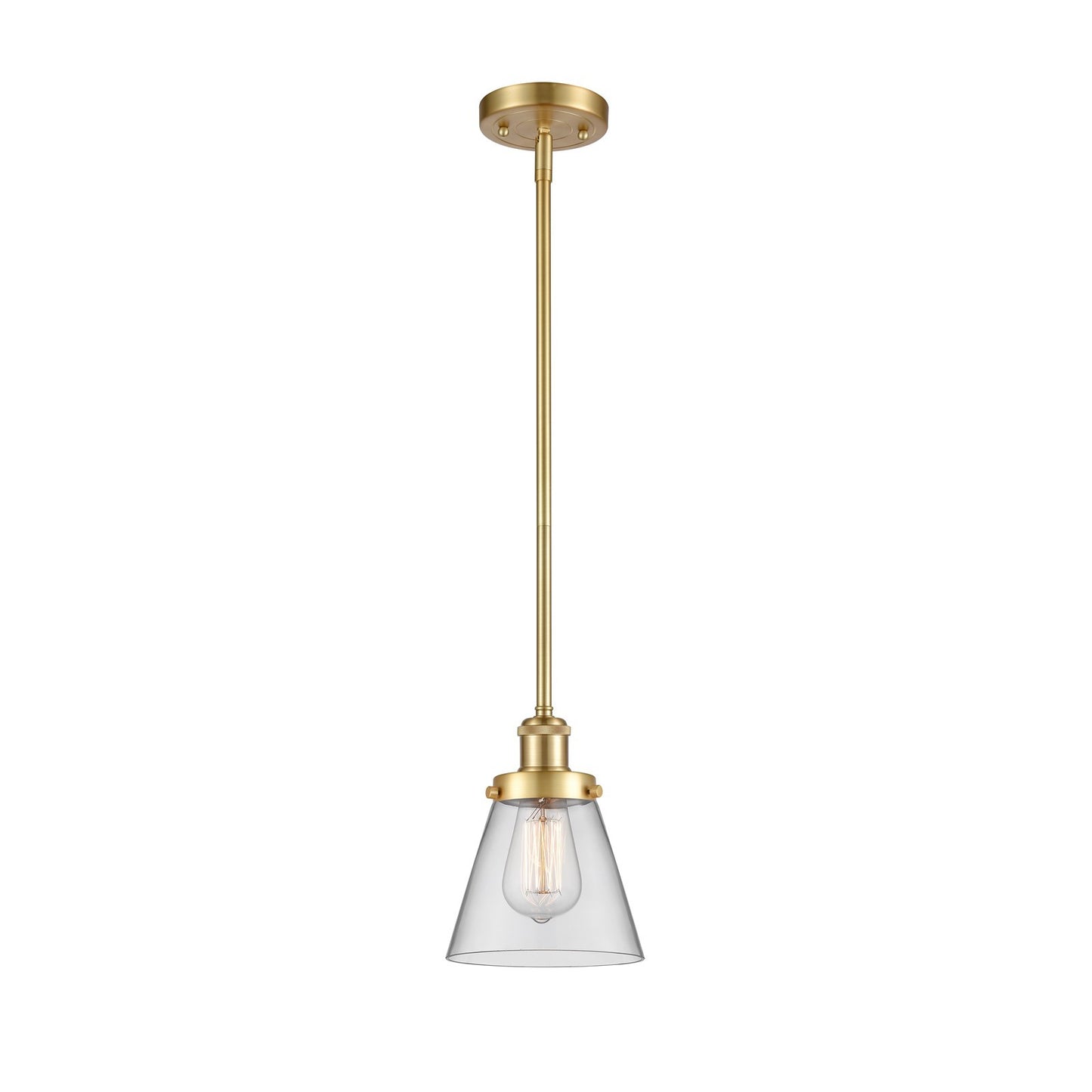 Innovations Cone 6in 1-Light Mini Pendant | Industrial Satin Gold Steel and Clear Transparent Glass | Kitchen Island & Dining Room | Model 916-1S-SG-G62