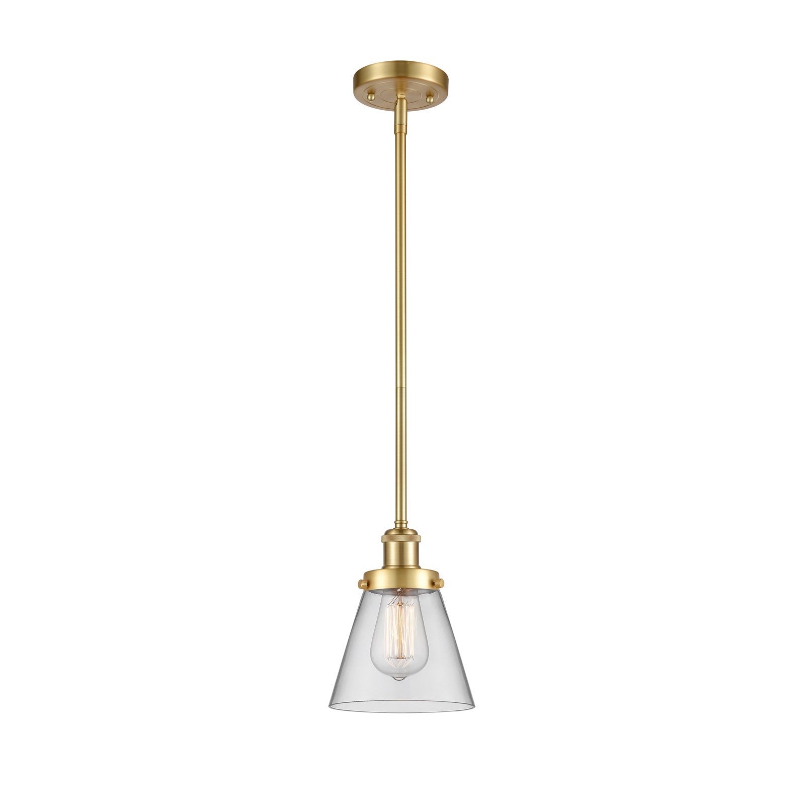 Innovations Cone 6in 1-Light Mini Pendant | Industrial Satin Gold Steel and Clear Transparent Glass | Kitchen Island & Dining Room | Model 916-1S-SG-G62