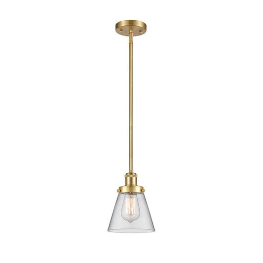 Innovations Cone 6in 1-Light Mini Pendant | Industrial Satin Gold Steel and Clear Transparent Glass | Kitchen Island & Dining Room | Model 916-1S-SG-G62