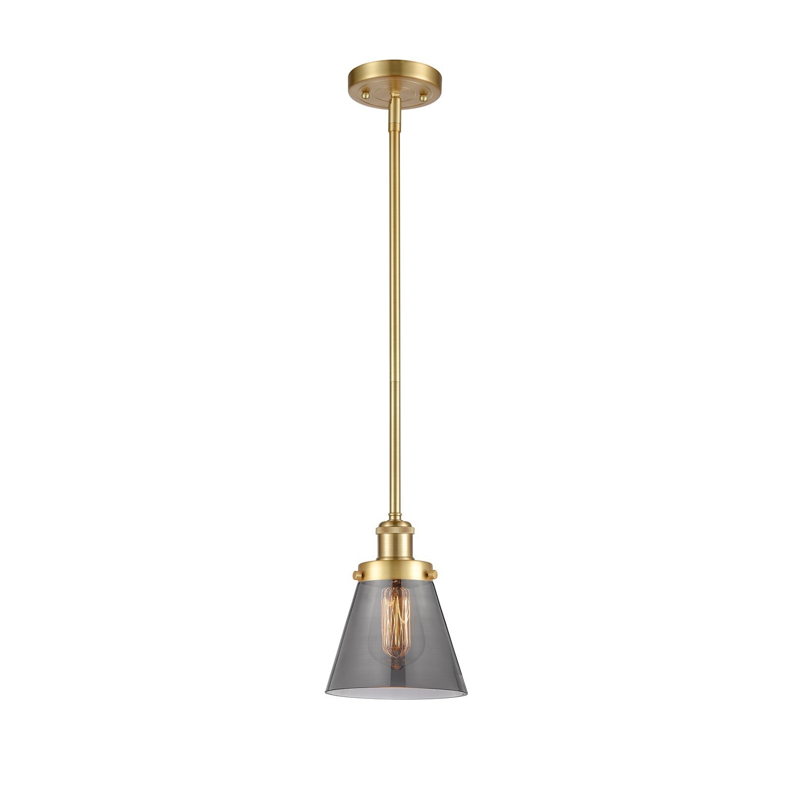 Innovations Cone 6in 1-Light Mini Pendant | Industrial Satin Gold Steel and Light Smoke Colorful Glass | Kitchen Island & Dining | Model 916-1S-SG-G63