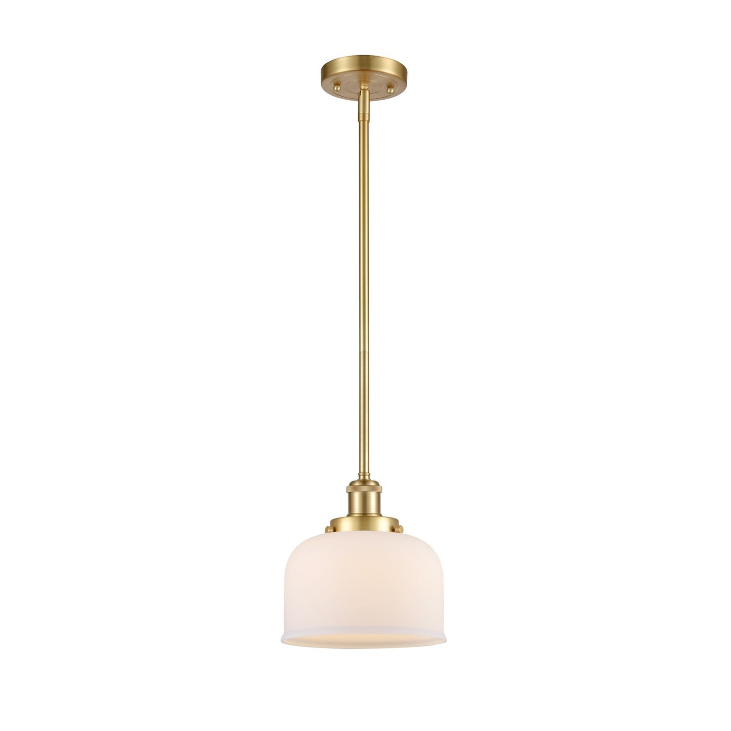 Innovations Bell 8in 1-Light Mini Pendant | Industrial Satin Gold Steel and Matte White Frosted Glass | Kitchen Island & Dining Room | Model 916-1S-SG-G71