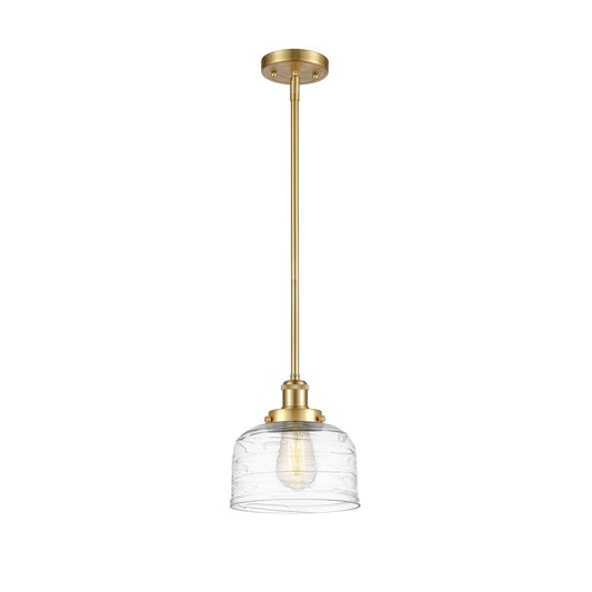 Innovations Bell 8in 1-Light Mini Pendant | Industrial Satin Gold Steel and Clear Deco Swirl Glass | Kitchen Island & Dining Room | Model 916-1S-SG-G713