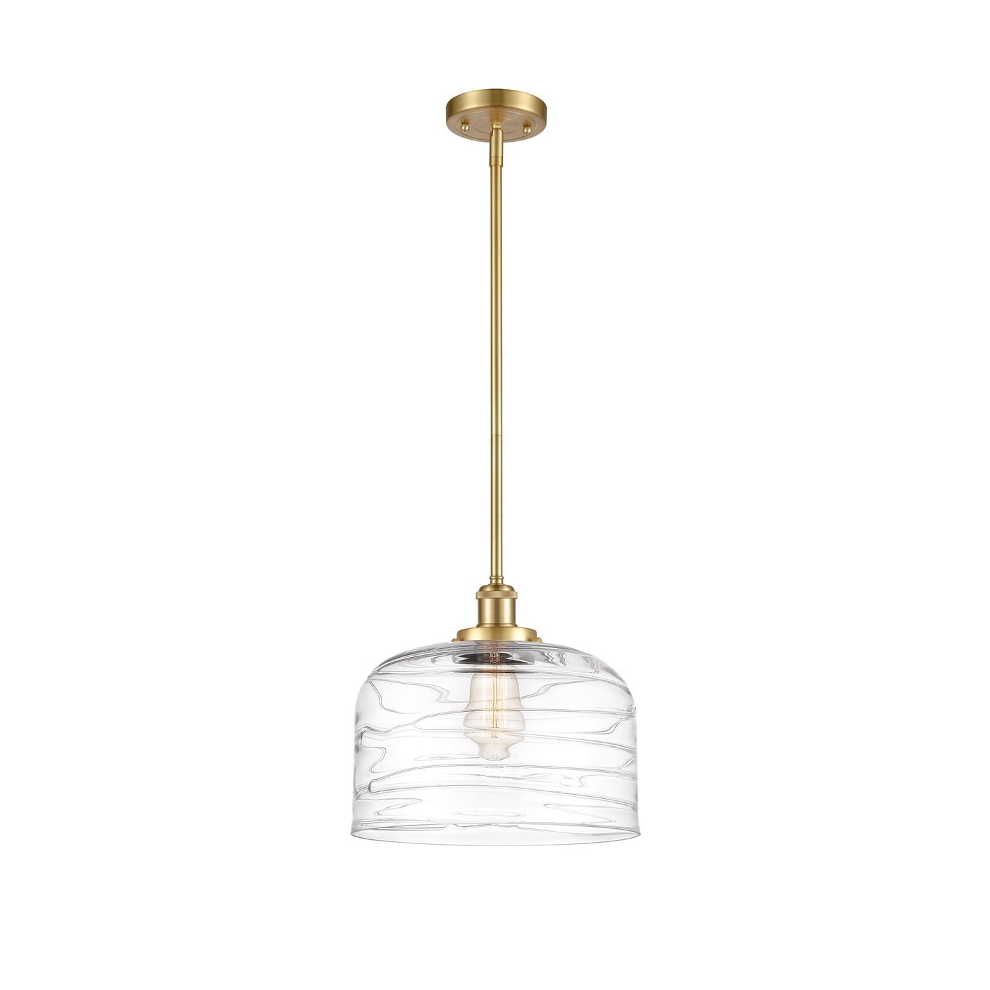 Innovations Bell 12in 1-Light Mini Pendant | Industrial Satin Gold Steel and Clear Deco Swirl Glass | Kitchen Island & Dining | Model 916-1S-SG-G713-L