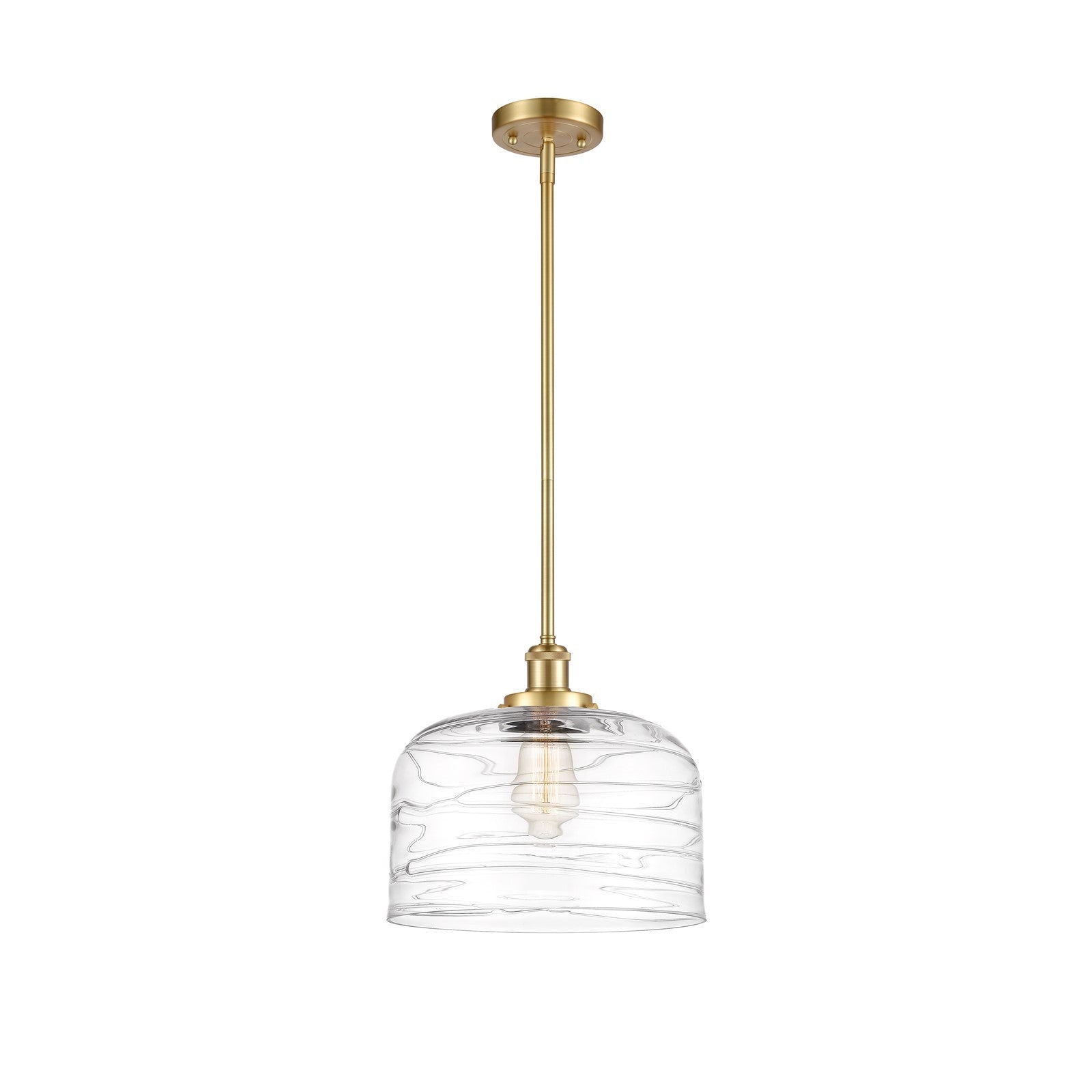 Innovations Bell 12in 1-Light Mini Pendant | Industrial Satin Gold Steel and Clear Deco Swirl Glass | Kitchen Island & Dining | Model 916-1S-SG-G713-L