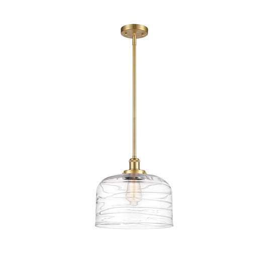 Innovations Bell 12in 1-Light Mini Pendant | Industrial Satin Gold Steel and Clear Deco Swirl Glass | Kitchen Island & Dining | Model 916-1S-SG-G713-L