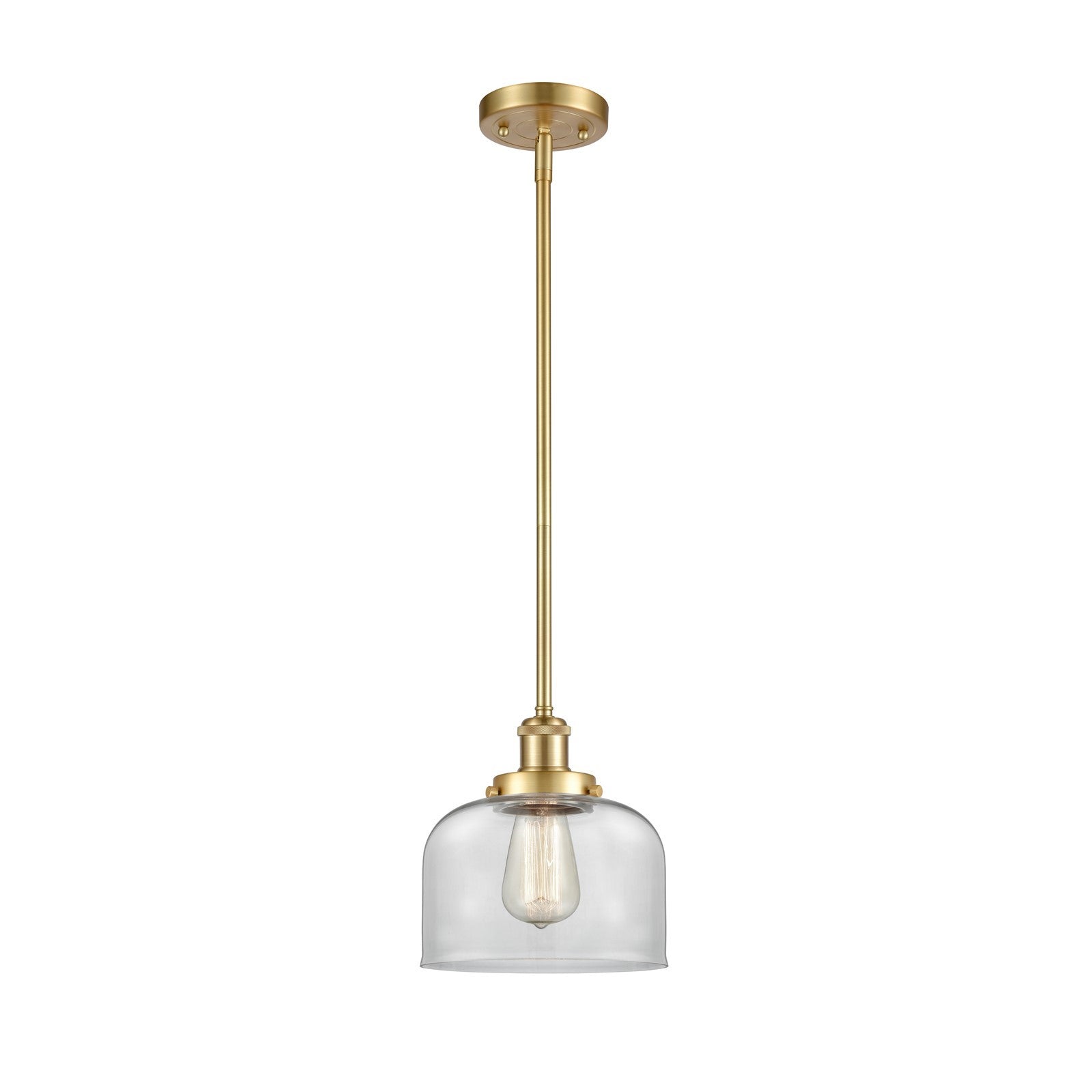 Innovations Bell 8in 1-Light Mini Pendant | Industrial Satin Gold Steel and Clear Glass | Kitchen Island & Dining Room | Damp Rated | Model 916-1S-SG-G72