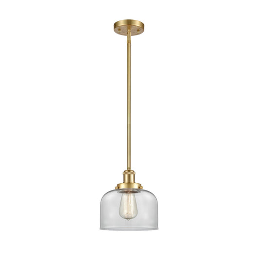 Innovations Bell 8in 1-Light Mini Pendant | Industrial Satin Gold Steel and Clear Glass | Kitchen Island & Dining Room | Damp Rated | Model 916-1S-SG-G72
