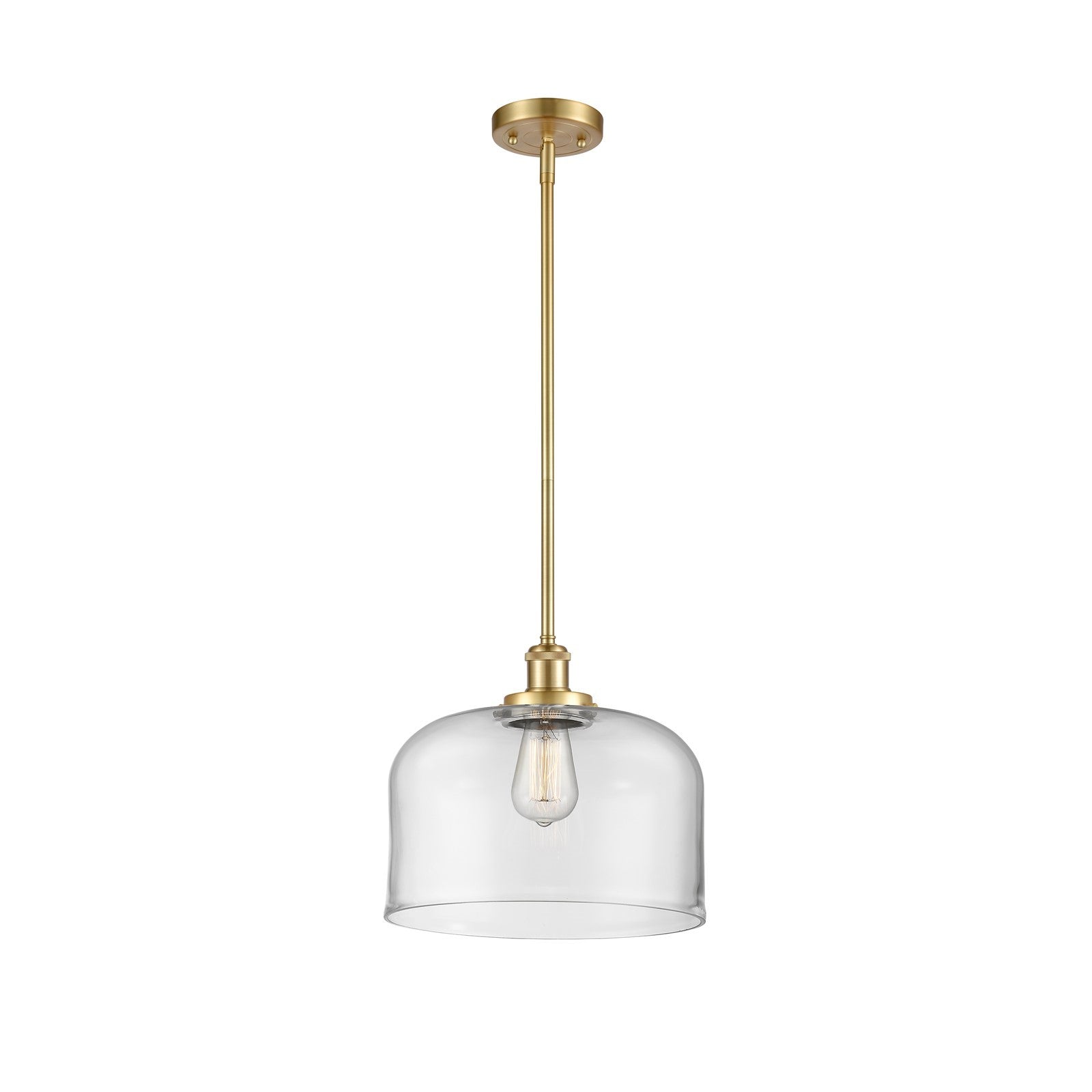 Innovations Bell 12in 1-Light Mini Pendant | Industrial Satin Gold Steel and Clear Glass | Kitchen Island & Dining Room | Damp | Model 916-1S-SG-G72-L