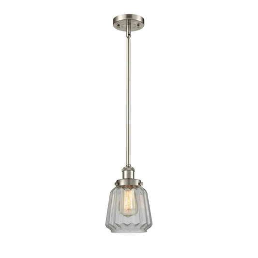 Innovations Chatham 7in 1-Light Mini Pendant | Modern Transitional Brushed Satin Nickel Steel and Clear Ribbed Glass Shade | Model 916-1S-SN-G142
