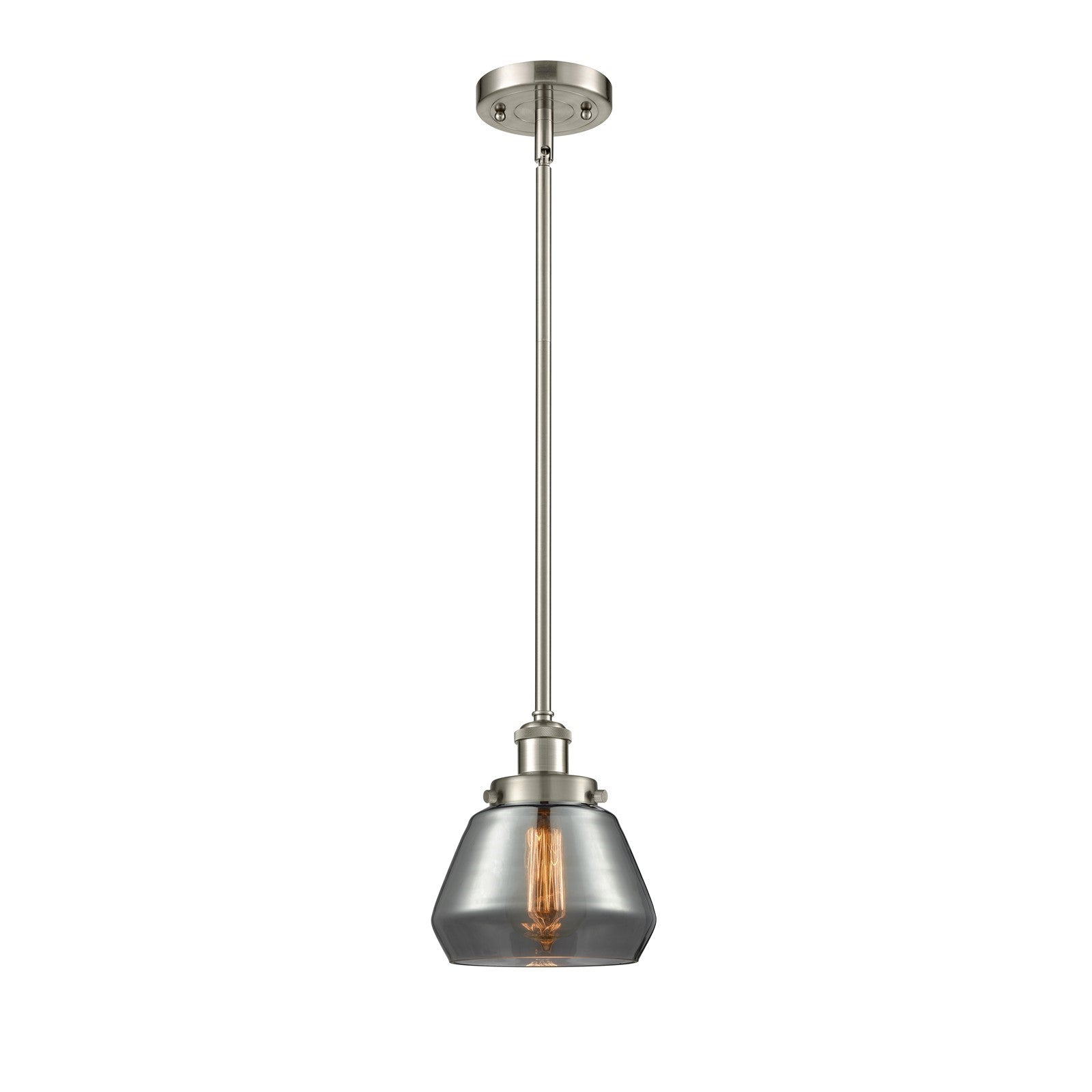 Innovations Fulton 7in 1-Light Mini Pendant | Modern Contemporary Brushed Satin Nickel and Light Smoke Schoolhouse Glass | Kitchen | Model 916-1S-SN-G173