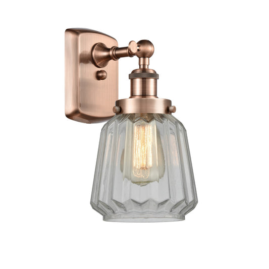 Innovations Chatham 7in 1-Light Wall Sconce | Transitional Antique Copper Steel and Clear Ribbed Glass Shade | Bathroom & Hallway | Model 916-1W-AC-G142