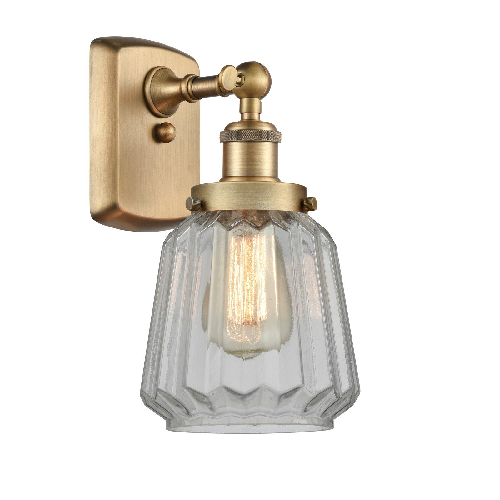 Innovations Chatham 7in 1-Light Wall Sconce | Modern Contempo Brushed Brass Steel and Clear Ribbed Glass | Hallway & Bathroom | Model 916-1W-BB-G142