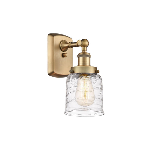 Innovations Bell 5in 1-Light Wall Sconce | Brushed Brass Steel and Clear Deco Swirl Glass | Bedroom & Hallway Accent Light | Model 916-1W-BB-G513