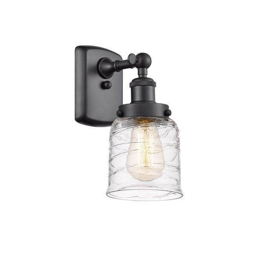 Innovations Bell 5in 1-Light LED Wall Sconce | Industrial Transitional Matte Black Steel and Clear Deco Swirl Glass | Hallway & | Model 916-1W-BK-G513-LED