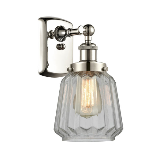Innovations Chatham 7in 1-Light Wall Sconce | Modern Contempo Polished Nickel and Clear Ribbed Glass | Hallway & Bathroom Accent | Model 916-1W-PN-G142