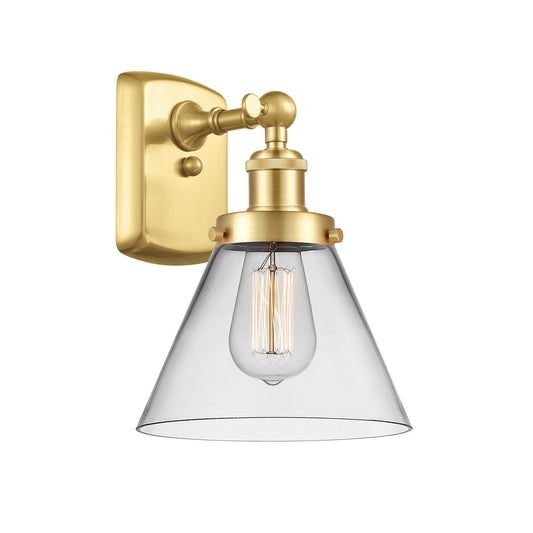 Innovations Cone 8in 1-Light Wall Sconce | Industrial Satin Gold Steel and Clear Glass | Bedroom & Hallway Accent | 8 x 13 x 9 in | Model 916-1W-SG-G42