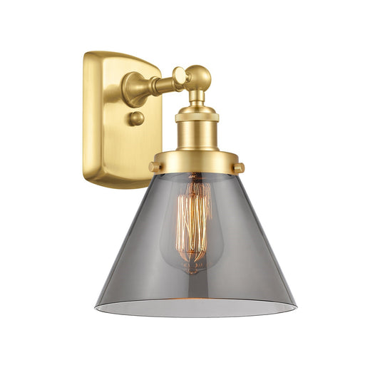 Innovations Cone 8in 1-Light Wall Sconce | Industrial Satin Gold Steel and Light Smoke Glass | Bedroom & Hallway Accent | Model 916-1W-SG-G43