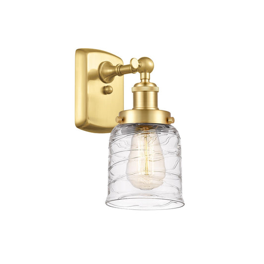 Innovations Bell 5in 1-Light Wall Sconce | Industrial Satin Gold Steel and Clear Deco Swirl Glass | Bedroom & Hallway Accent | Model 916-1W-SG-G513