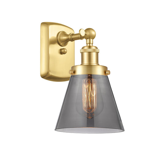 Innovations Cone 6in 1-Light Wall Sconce | Industrial Satin Gold Steel and Light Smoke Glass | Damp Location Hallway & Bedroom | Model 916-1W-SG-G63