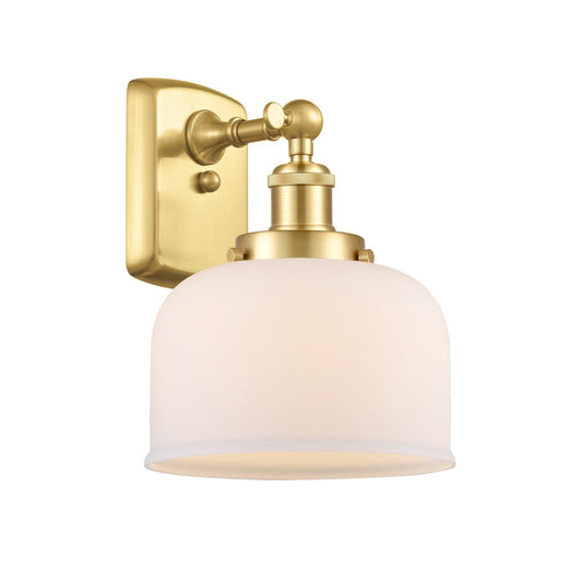 Innovations Bell 8in 1-Light Wall Sconce | Industrial Satin Gold Steel and Matte White Glass | Damp Location Hallway & Bedroom | Model 916-1W-SG-G71
