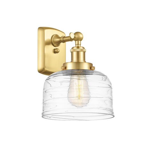 Innovations Bell 8in 1-Light Wall Sconce | Industrial Satin Gold Steel and Clear Deco Swirl Glass | Damp Location Hallway & Bedroom | Model 916-1W-SG-G713