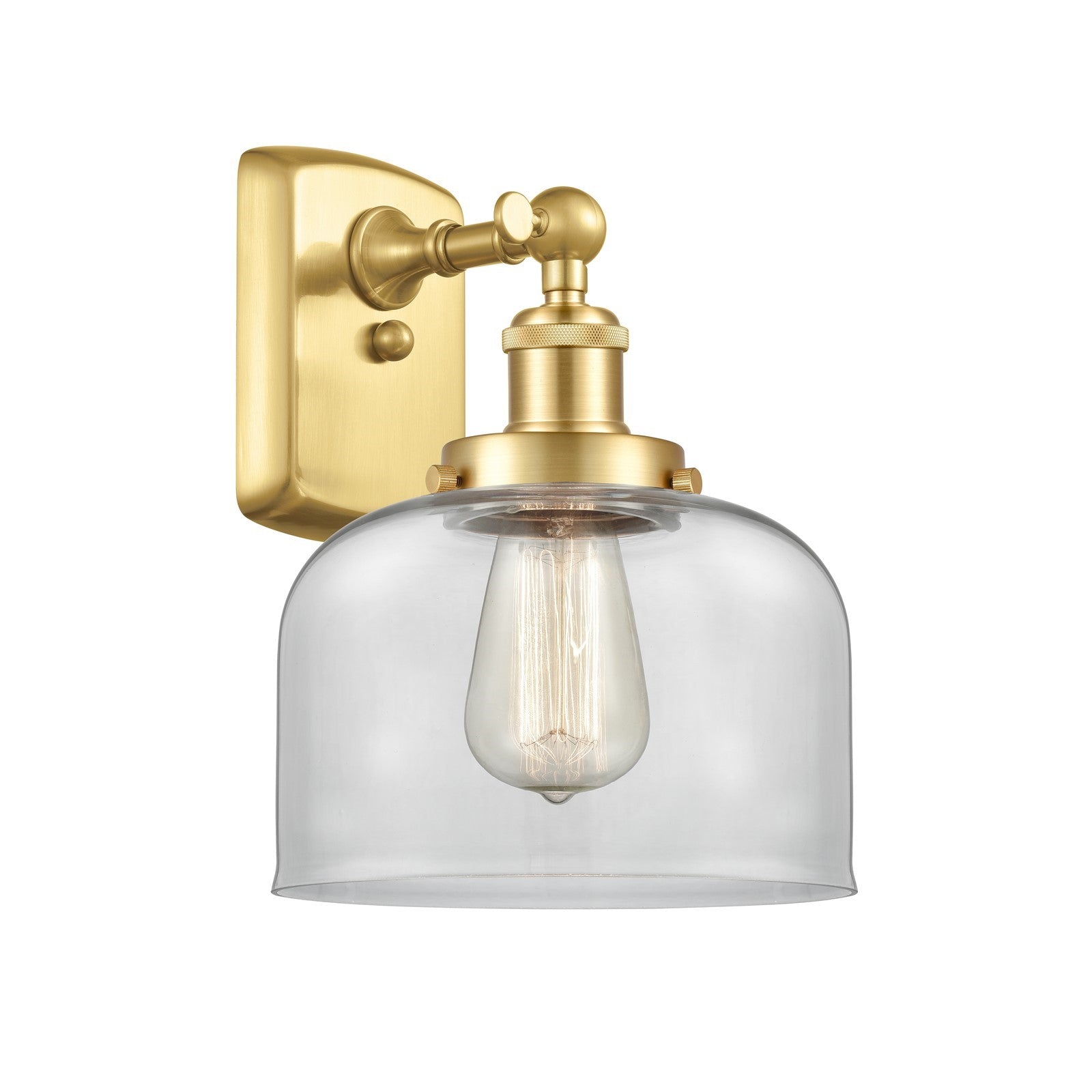 Innovations Bell 8in 1-Light Wall Sconce | Industrial Satin Gold Steel and Clear Glass | Hallway & Bathroom Accent | 8 x 9 x 13 in | Model 916-1W-SG-G72