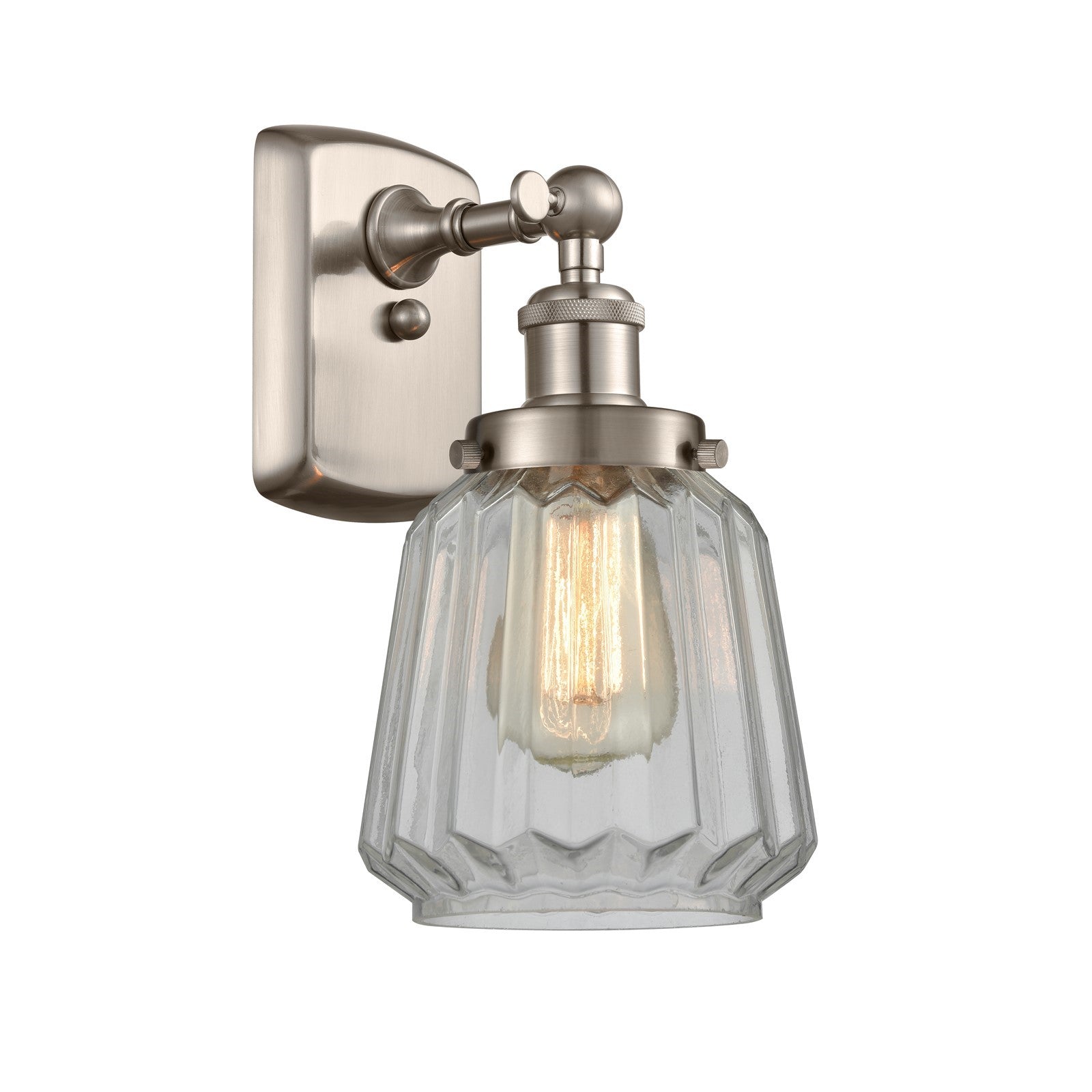 Innovations Chatham 7in 1-Light Wall Sconce | Modern Contemporary Brushed Satin Nickel and Clear Ribbed Glass | Hallway & Bathroom | Model 916-1W-SN-G142