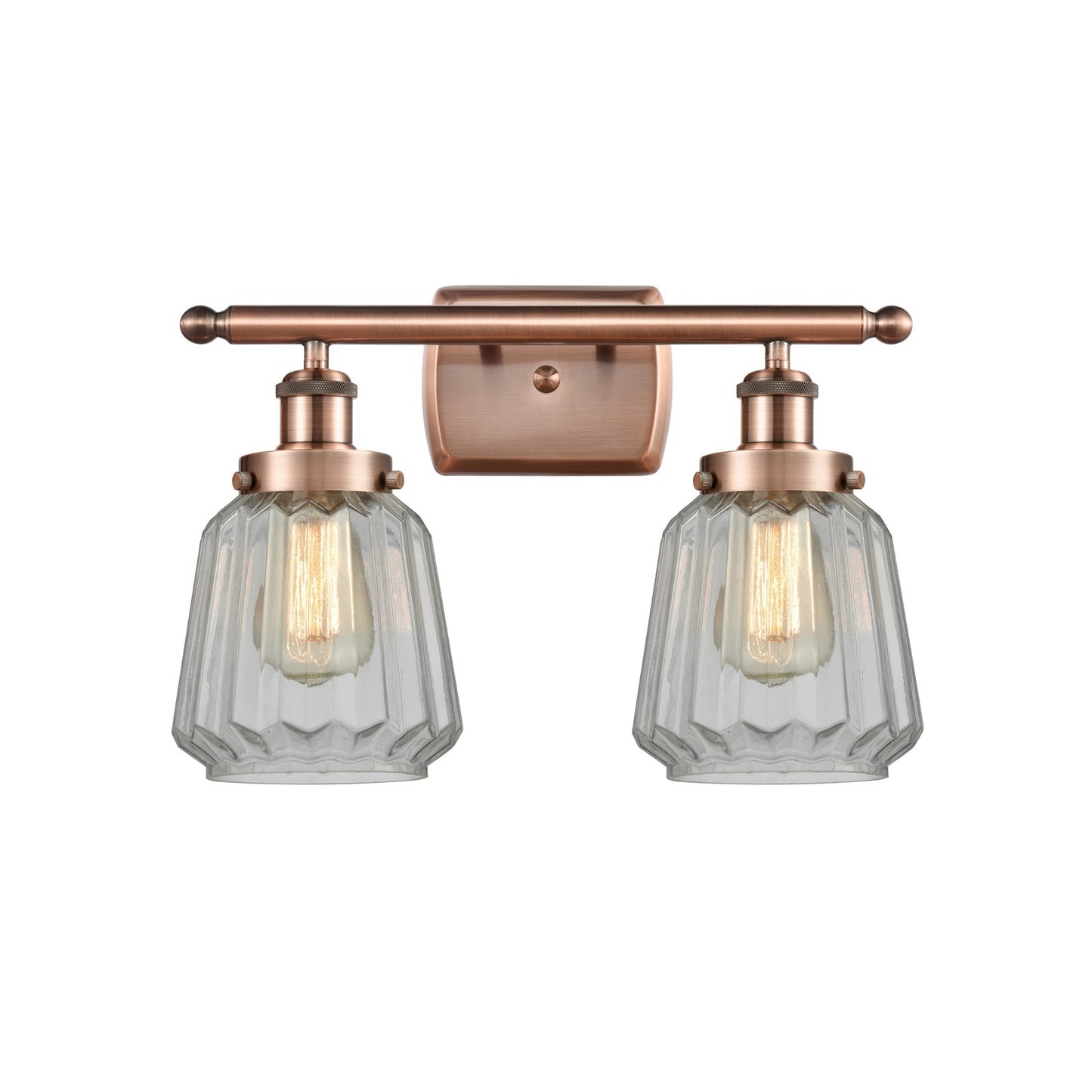 Innovations Chatham 17in 2-Light Bath Vanity Light | Modern Antique Copper and Clear Ribbed Glass | Bathroom Vanity & Powder Room | Model 916-2W-AC-G142