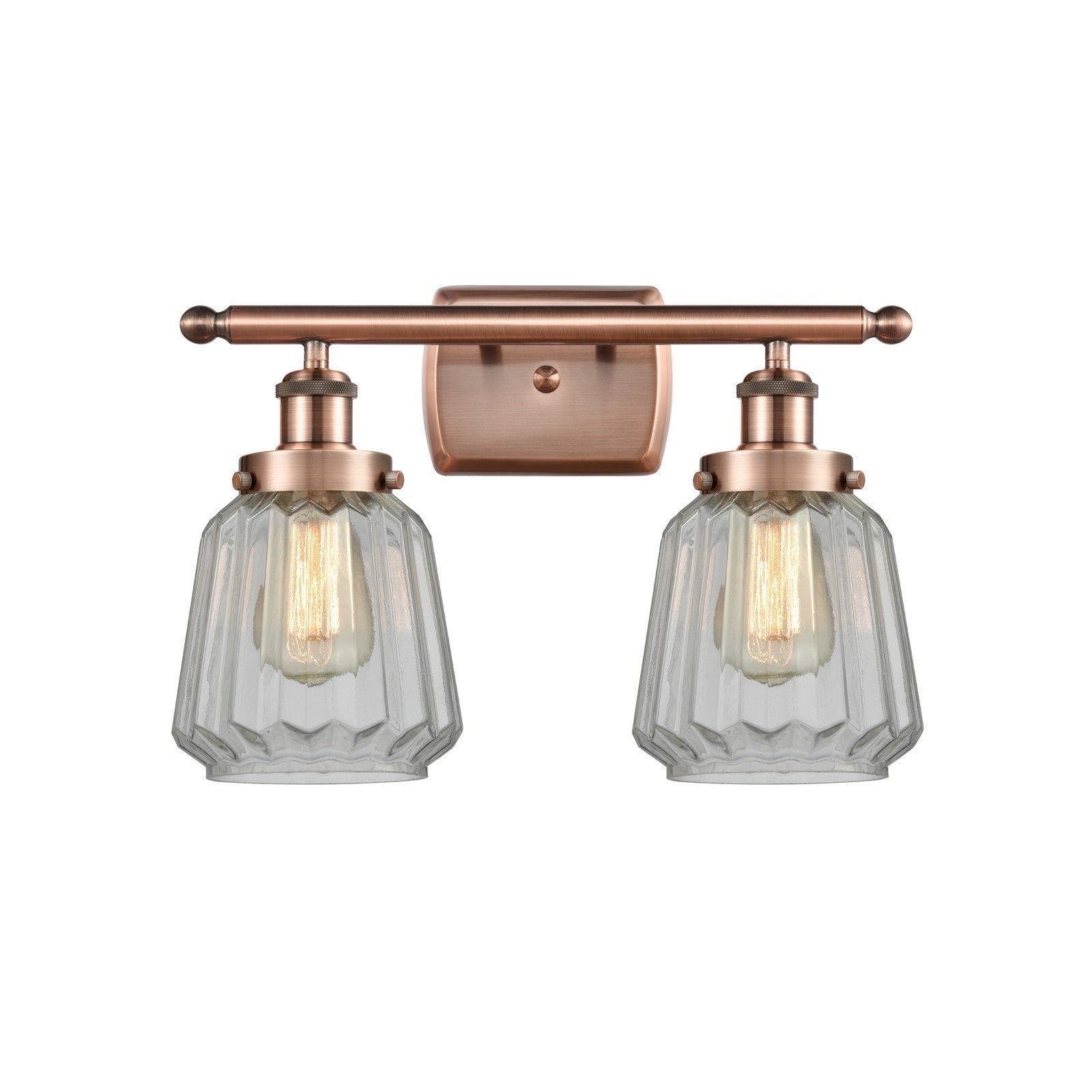 Innovations Chatham 17in 2-Light Bath Vanity Light | Modern Antique Copper and Clear Ribbed Glass | Bathroom Vanity & Powder Room | Model 916-2W-AC-G142