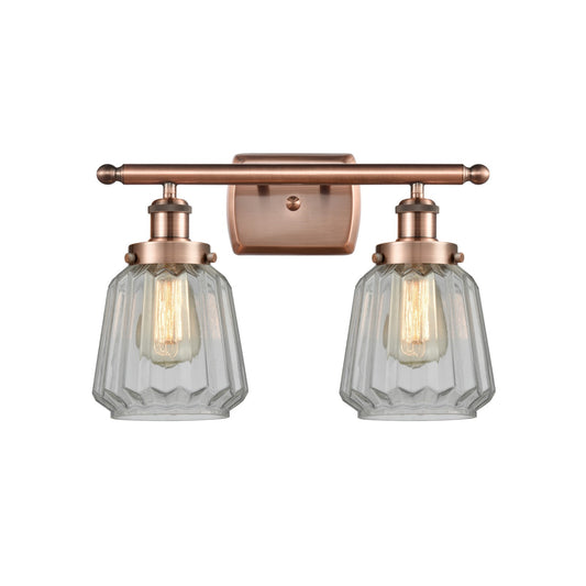 Innovations Chatham 17in 2-Light Bath Vanity Light | Modern Antique Copper and Clear Ribbed Glass | Bathroom Vanity & Powder Room | Model 916-2W-AC-G142