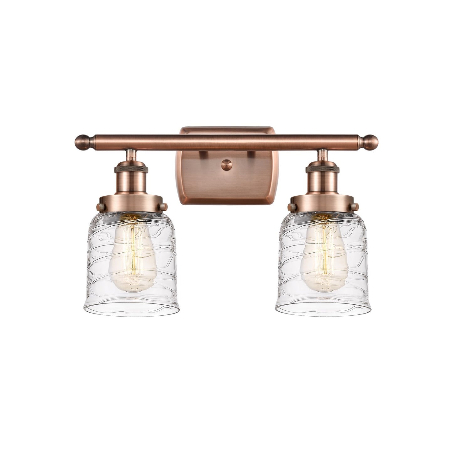 Innovations Bell 16in 2-Light Bath Vanity Light | Industrial Antique Copper Steel and Clear Deco Swirl Glass | Bathroom Vanity | Model 916-2W-AC-G513