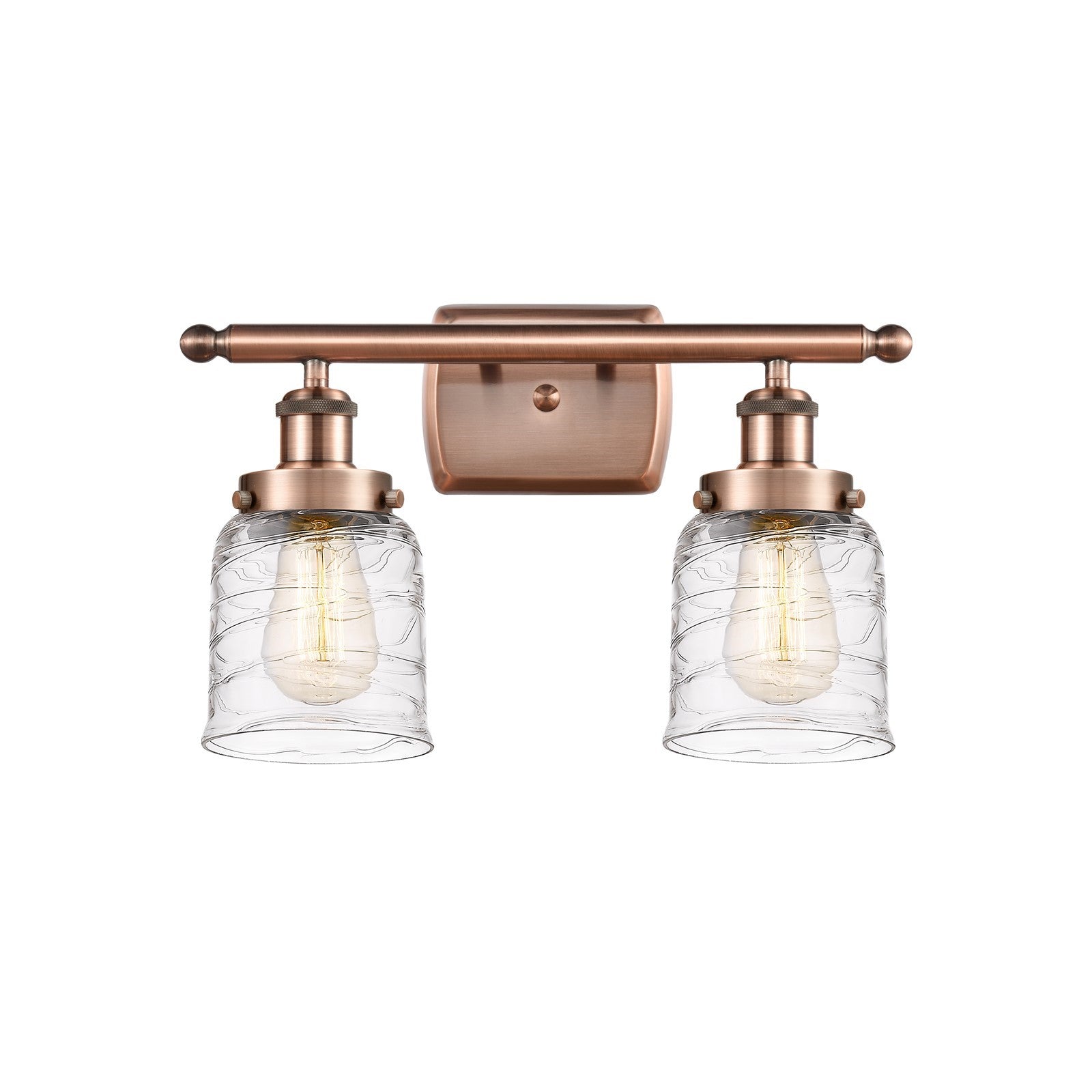 Innovations Bell 16in 2-Light Bath Vanity Light | Industrial Antique Copper and Clear Deco Swirl Glass | Bathroom Vanity | Model 916-2W-AC-G513-LED