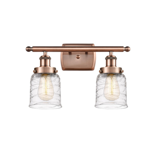 Innovations Bell 16in 2-Light Bath Vanity Light | Industrial Antique Copper and Clear Deco Swirl Glass | Bathroom Vanity | Model 916-2W-AC-G513-LED
