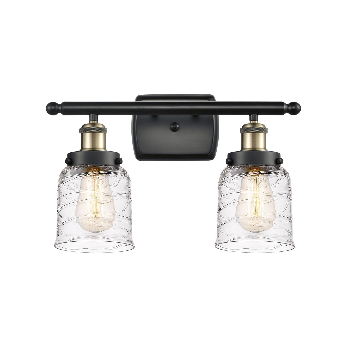 Innovations Bell 16in 2-Light Bath Vanity Light | Industrial Black Antique Brass Steel and Clear Deco Swirl Glass | Bathroom | Model 916-2W-BAB-G513-LED
