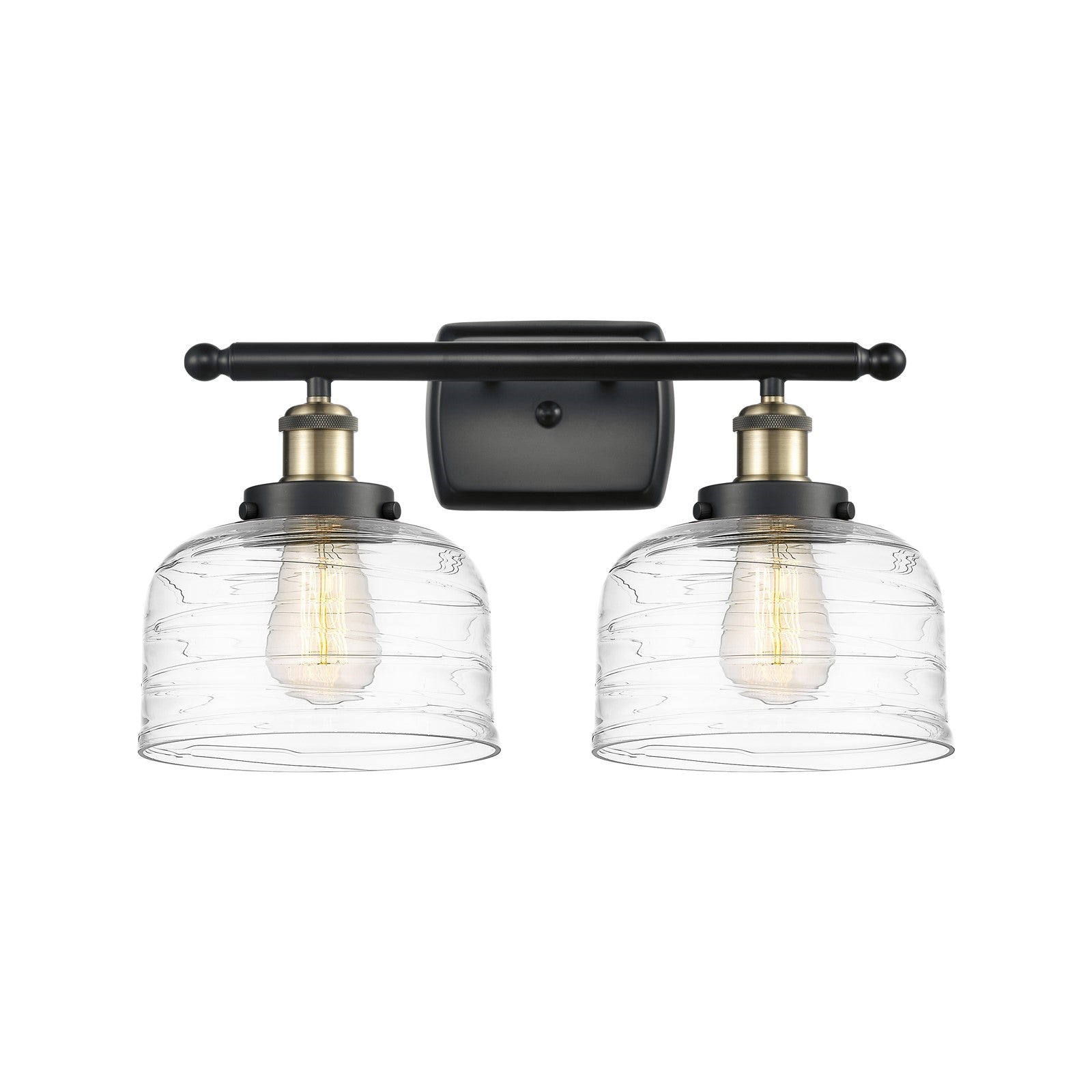 Innovations Bell 18in 2-Light Bath Vanity Light | Industrial Black Antique Brass Steel and Clear Deco Swirl Glass | Bathroom | Model 916-2W-BAB-G713-LED