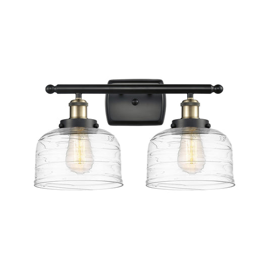 Innovations Bell 18in 2-Light Bath Vanity Light | Industrial Black Antique Brass Steel and Clear Deco Swirl Glass | Bathroom | Model 916-2W-BAB-G713-LED