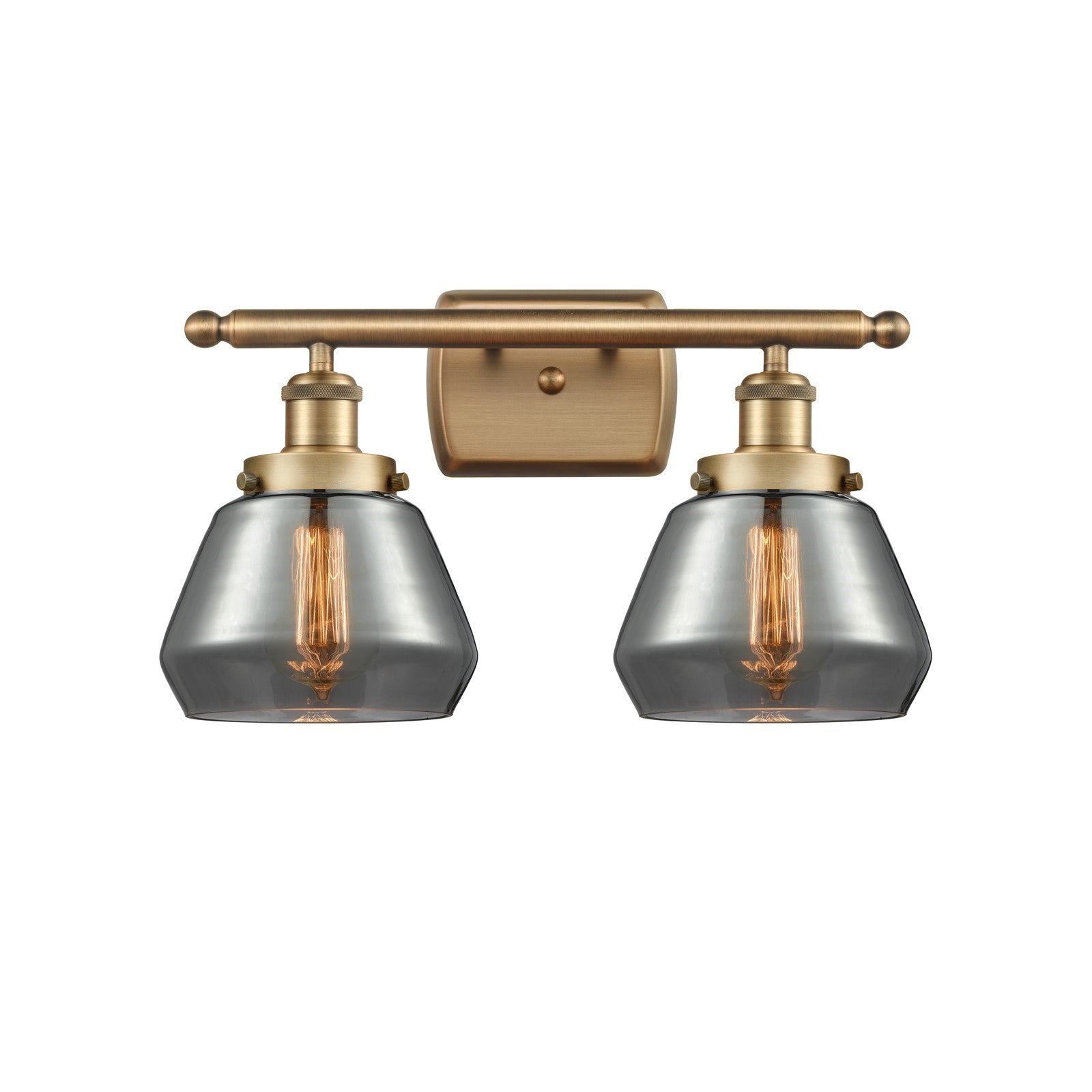 Innovations Fulton 17in 2-Light Bath Vanity Light | Modern Transitional Brushed Brass and Light Smoke Glass | Bathroom Vanity | Model 916-2W-BB-G173