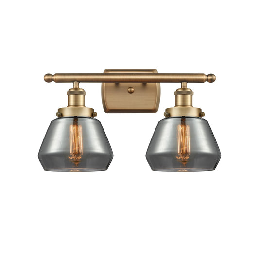 Innovations Fulton 17in 2-Light Bath Vanity Light | Modern Transitional Brushed Brass and Light Smoke Glass | Bathroom Vanity | Model 916-2W-BB-G173