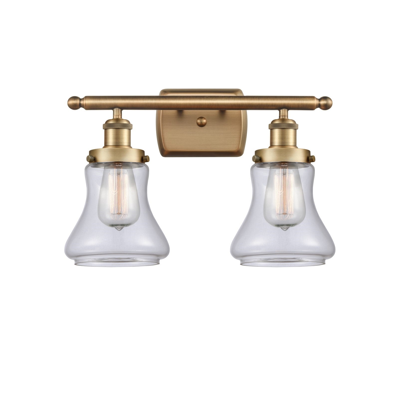 Innovations Bellmont 16in 2-Light Bath Vanity Light | Brushed Brass Steel and Cast Brass with Clear Glass Schoolhouse Shades | Model 916-2W-BB-G192