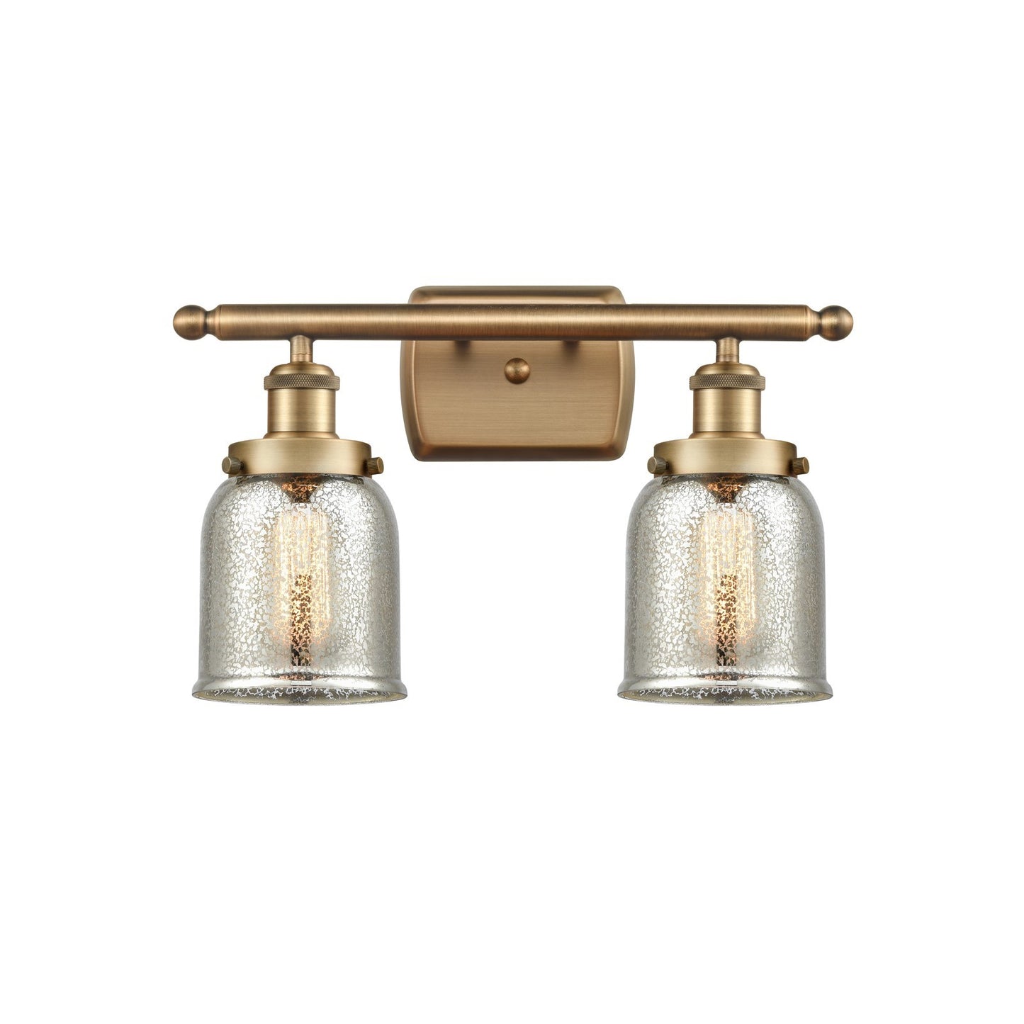 Innovations Bell 16in 2-Light Bath Vanity Light | Industrial Brushed Brass Steel and Silver Plated Mercury Glass | Bathroom | Model 916-2W-BB-G58-LED