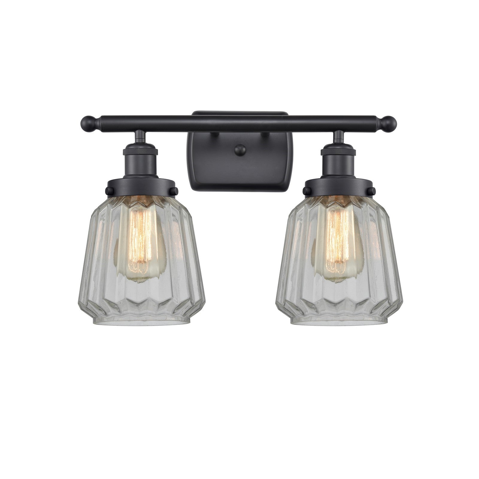 Innovations Chatham 17in 2-Light Bath Vanity Light | Modern Matte Black and Clear Ribbed Glass | Bathroom Vanity | 17 x 12 in | Model 916-2W-BK-G142