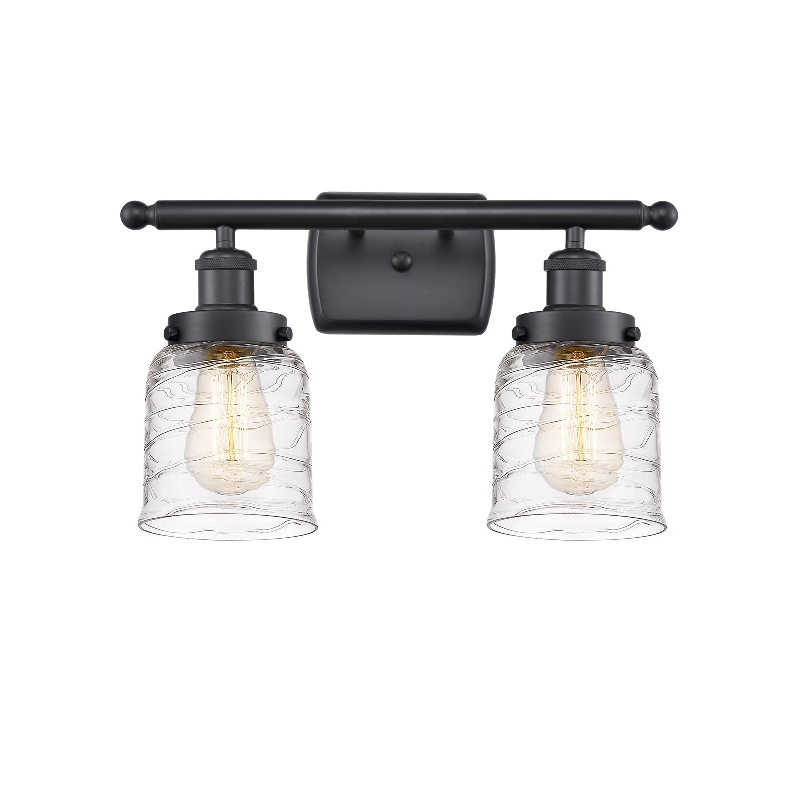 Innovations Bell 16in 2-Light Bath Vanity Light | Industrial Matte Black Steel and Clear Deco Swirl Glass | Bathroom Vanity | Model 916-2W-BK-G513