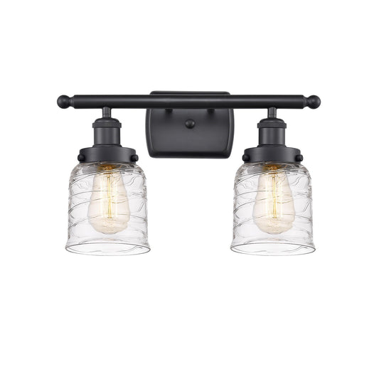Innovations Bell 16in 2-Light Bath Vanity Light | Industrial Matte Black Steel and Clear Deco Swirl Glass | Bathroom Vanity | Model 916-2W-BK-G513-LED