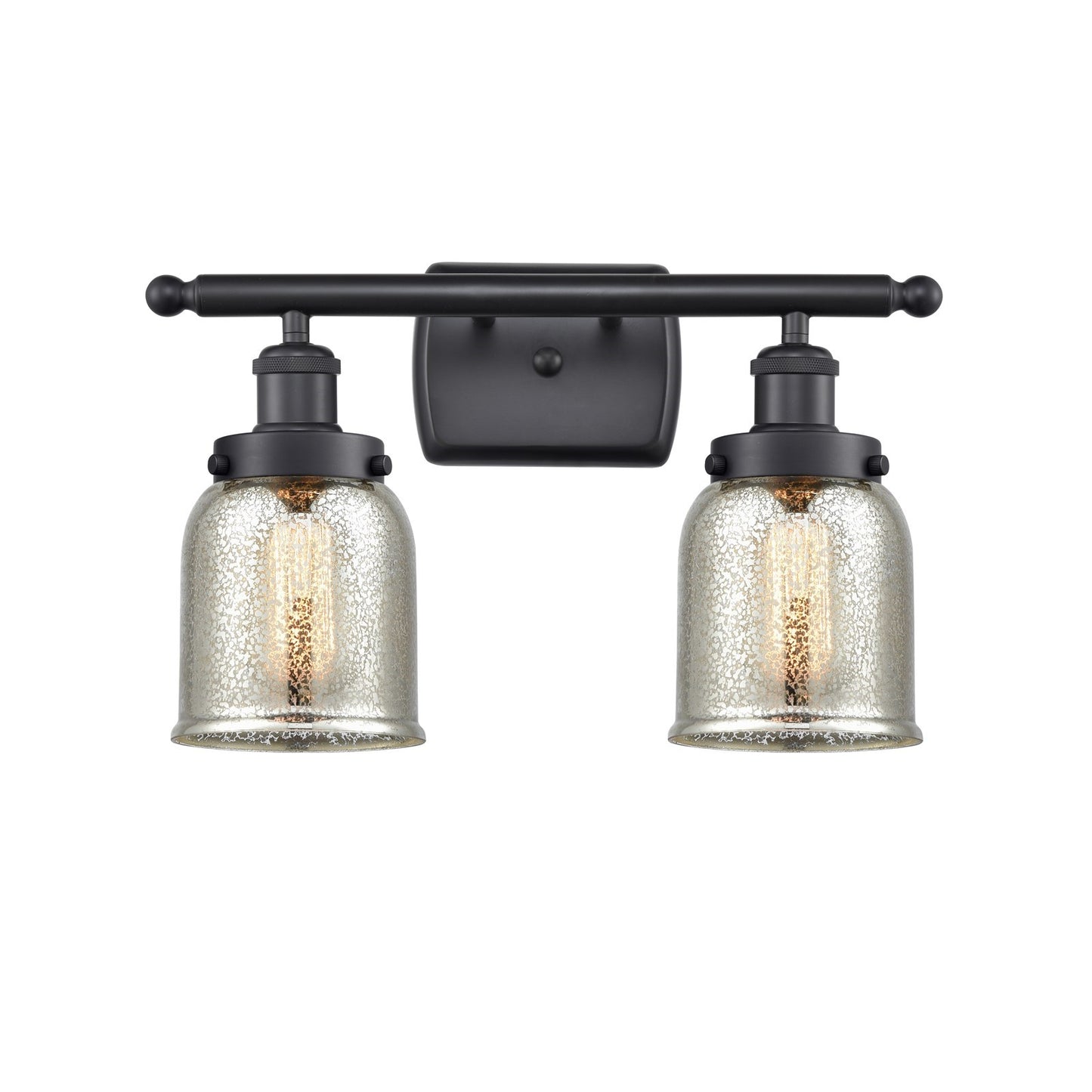 Innovations Bell 16in 2-Light Bath Vanity Light | Industrial Matte Black Steel and Silver Plated Mercury Glass | Bathroom Vanity | Model 916-2W-BK-G58-LED