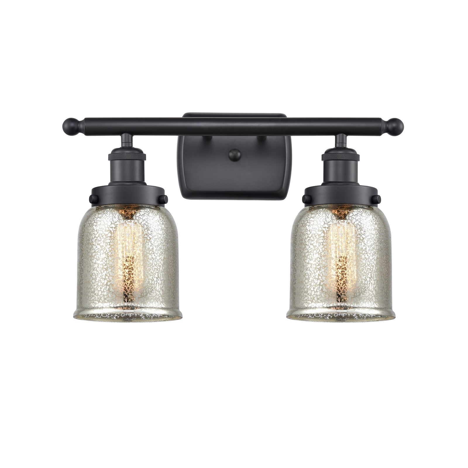 Innovations Bell 16in 2-Light Bath Vanity Light | Industrial Matte Black Steel and Silver Plated Mercury Glass | Bathroom Vanity | Model 916-2W-BK-G58-LED