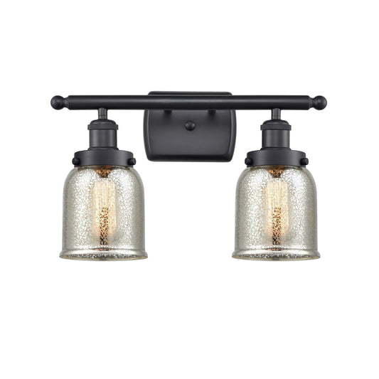 Innovations Bell 16in 2-Light Bath Vanity Light | Industrial Matte Black Steel and Silver Plated Mercury Glass | Bathroom Vanity | Model 916-2W-BK-G58-LED